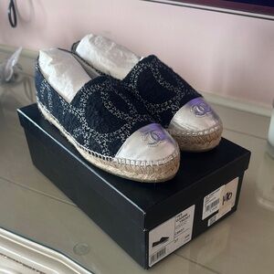 CHANEL Black and Silver Tweed Espadrilles
